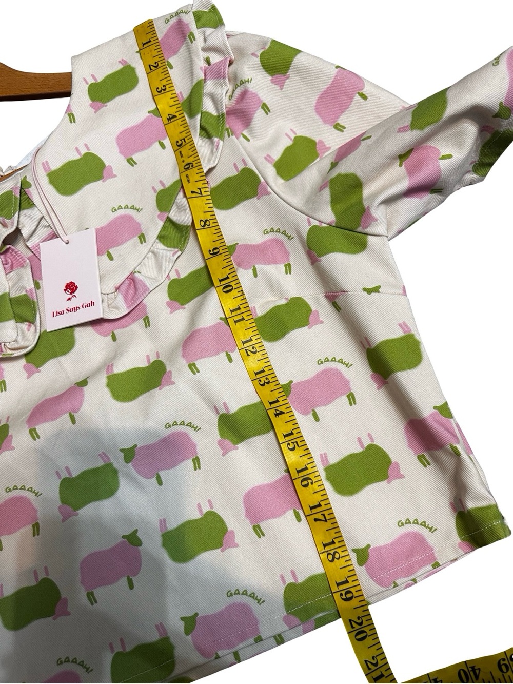 NWT Lisa Says Gah Sheep Print Short Sleeve Shirt 2XL Peter Pan Collar Pink Green - Picture 15 of 16
